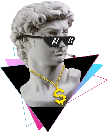 Illicit Gardens - Image of a Stone Bust with pixelated sunglasses and smoking a blunt